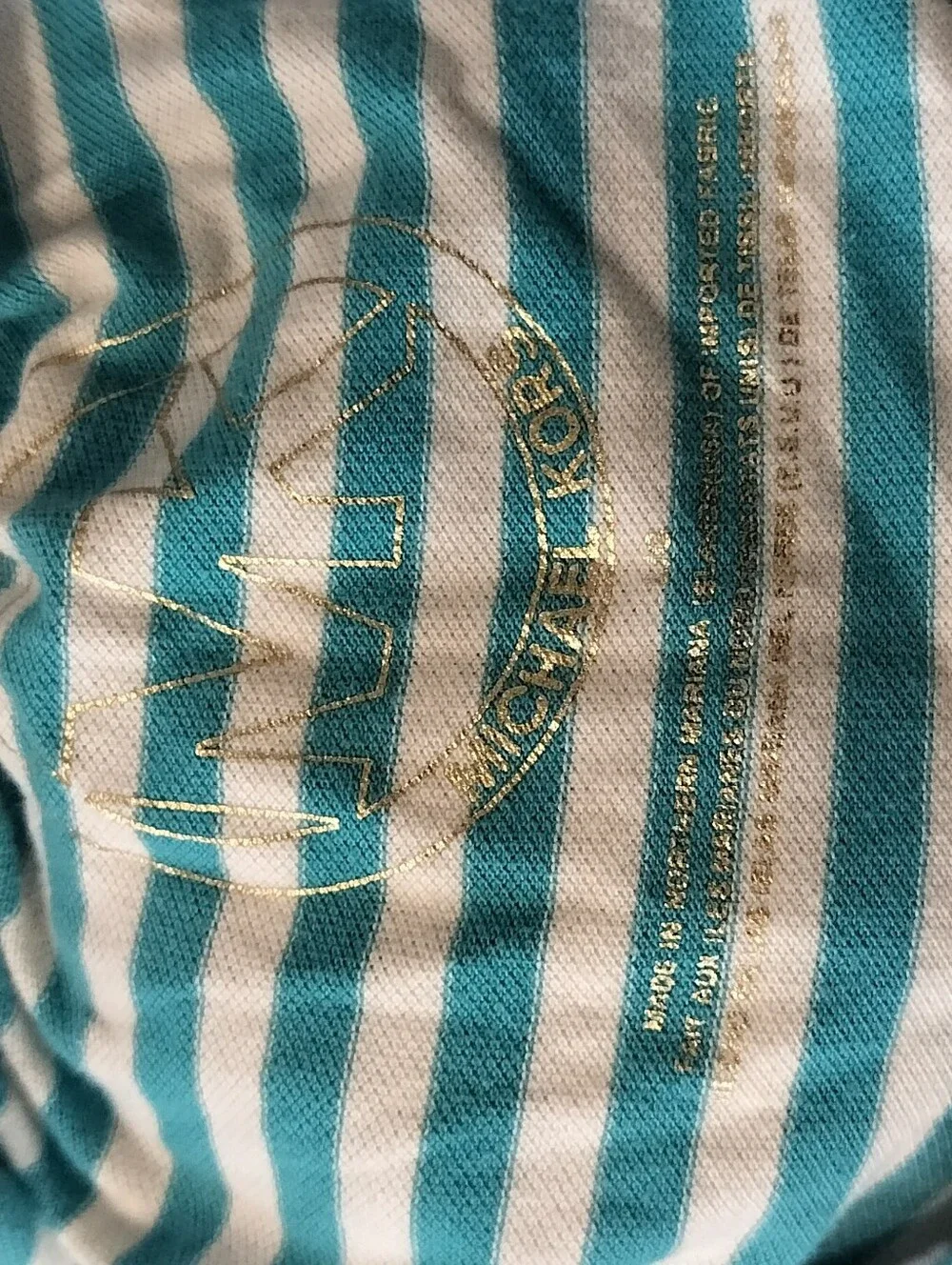 Michael Kors Teal and White Striped Tie-Neck Short Sleeve Top